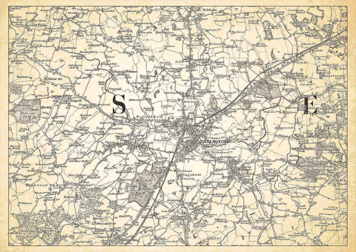 Chelmsford in 1898, showing the town and the surrounding area