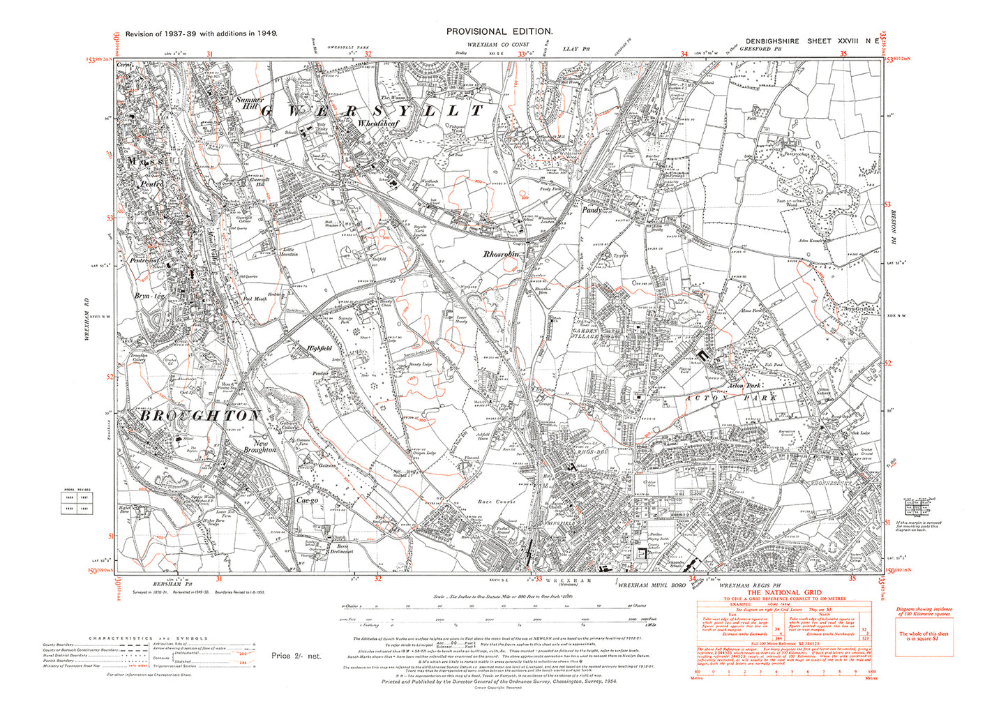 Wrexham (north), Brought east, Moss, old map Denbigh 1949: 28NE