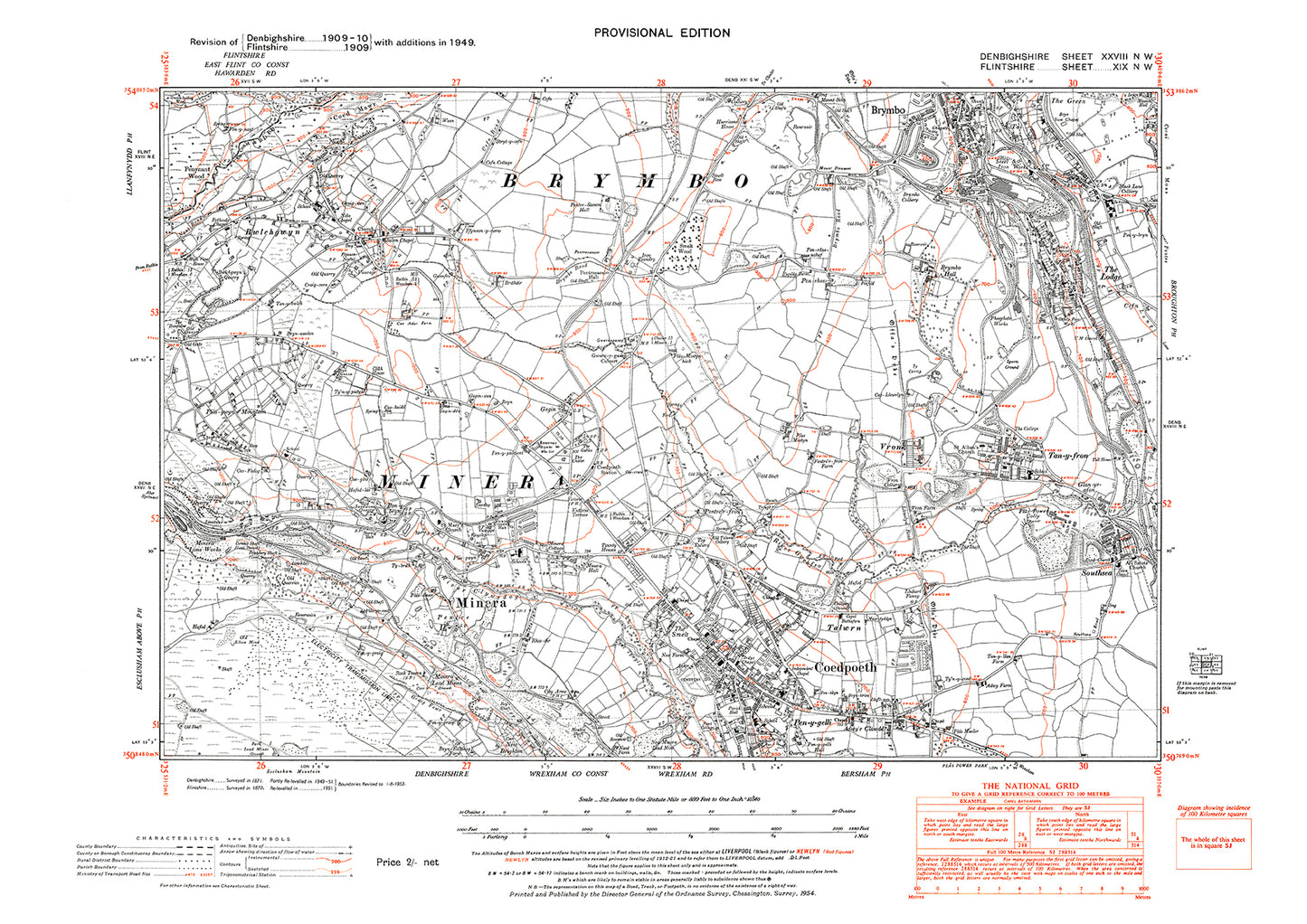 Coedpoeth, Minera, Brymbo, old map Denbigh 1948: 28NW