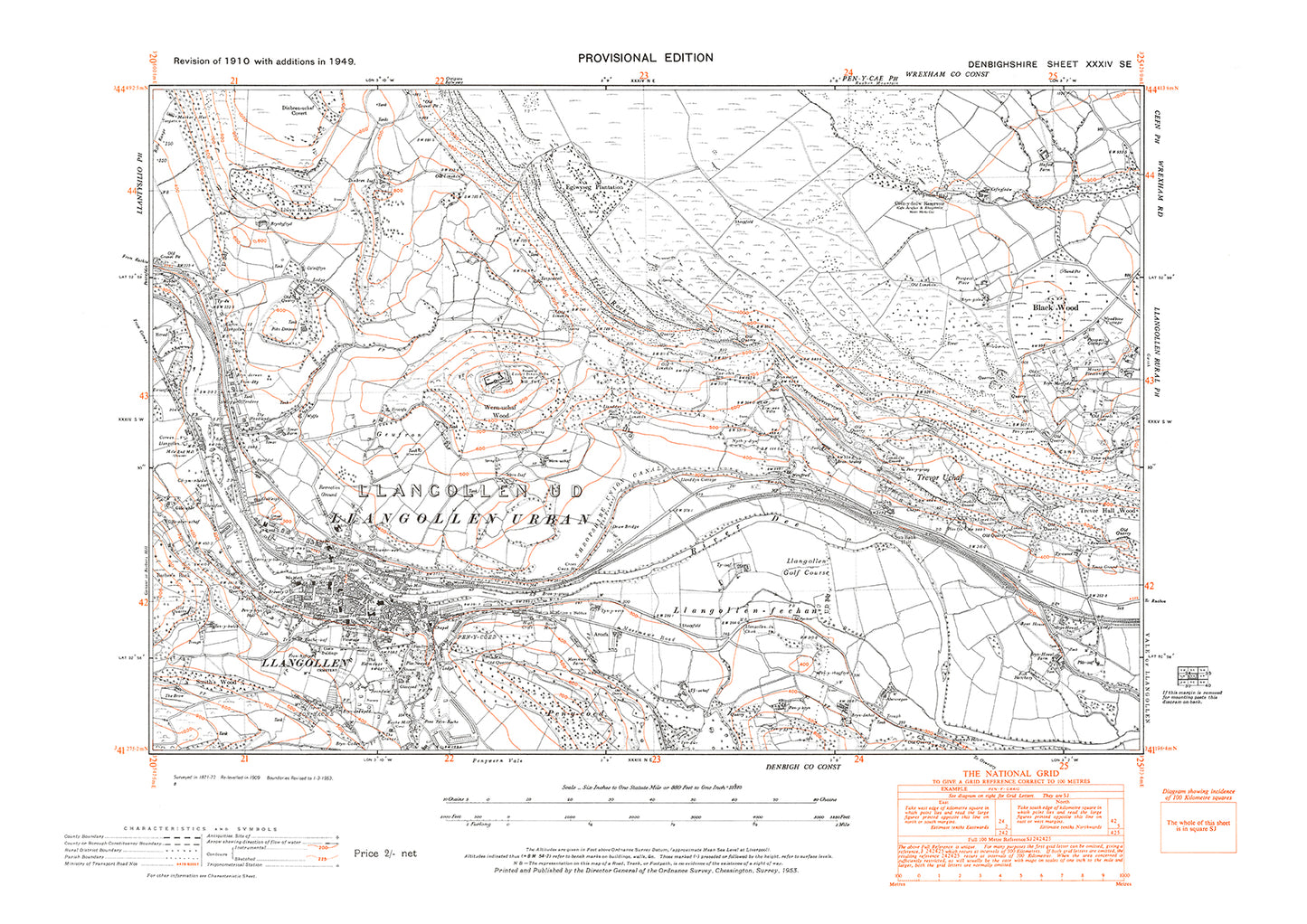 Llangollen, old map Denbigh 1949: 34SE