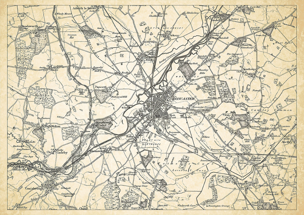 Doncaster in 1898, showing the town and the surrounding area