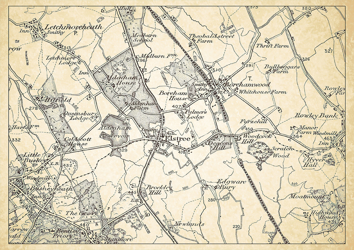 Elstree in 1898, showing the town and the surrounding area