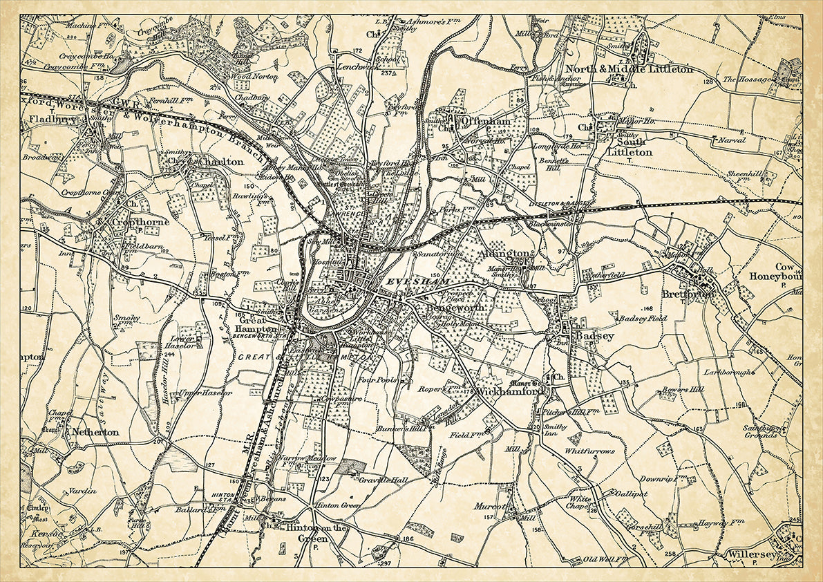 Evesham in 1898, showing the town and the surrounding area