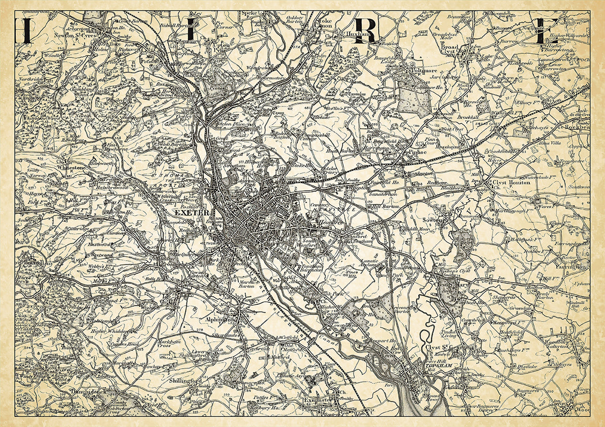 Exeter in 1898, showing the town and the surrounding area