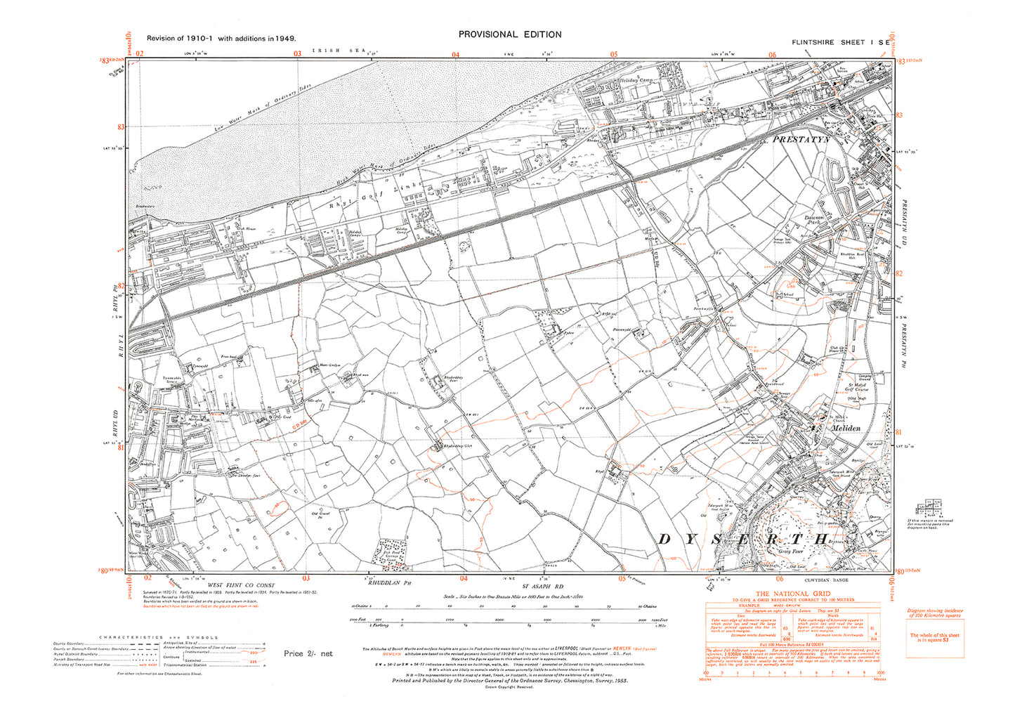 Prestatyn (west), Rhyll (east), Meliden, old map Flintshire 1949: 1SE ...