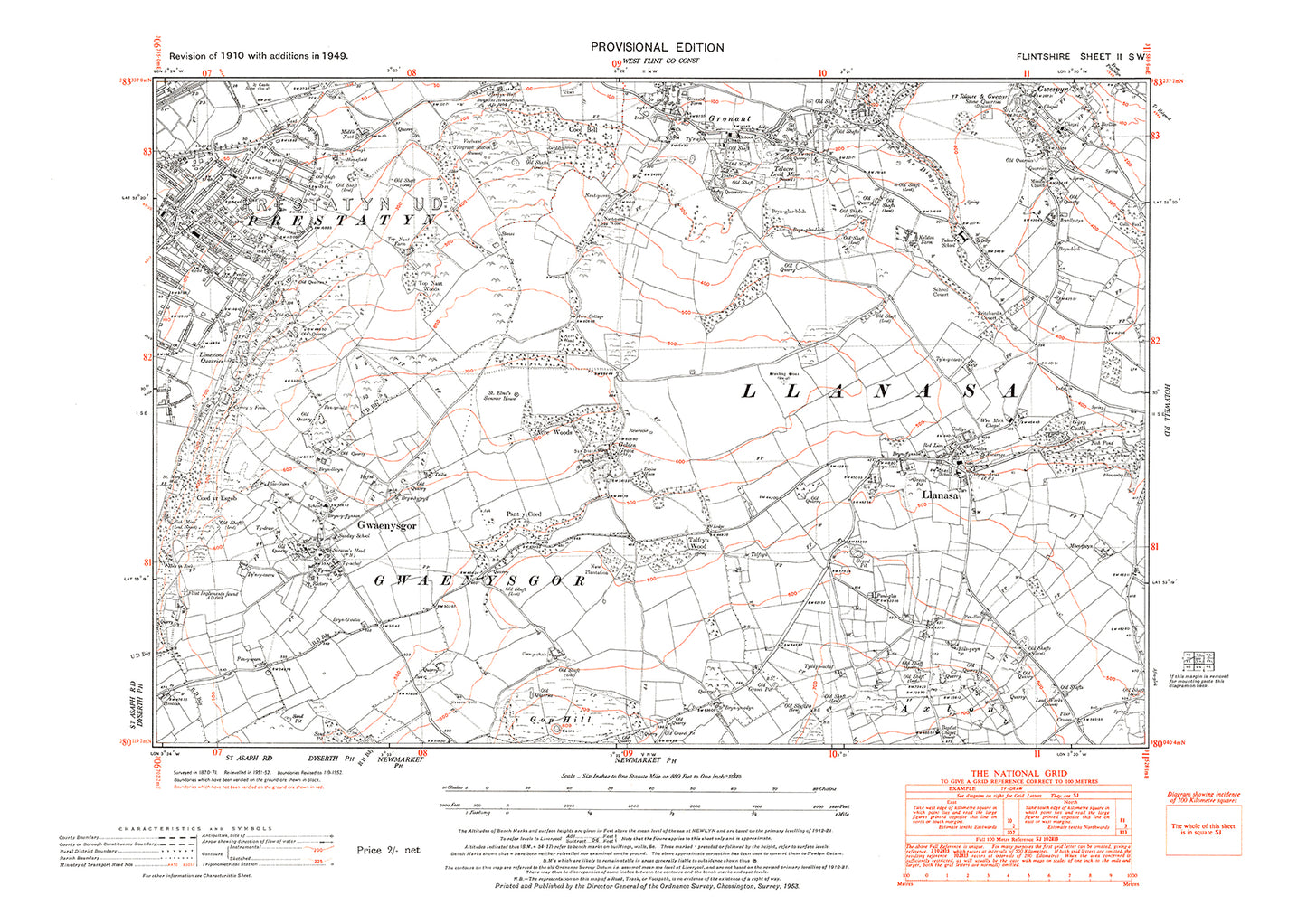 Prestatyn (east), Llanasa, old map Flintshire 1949: 2SW