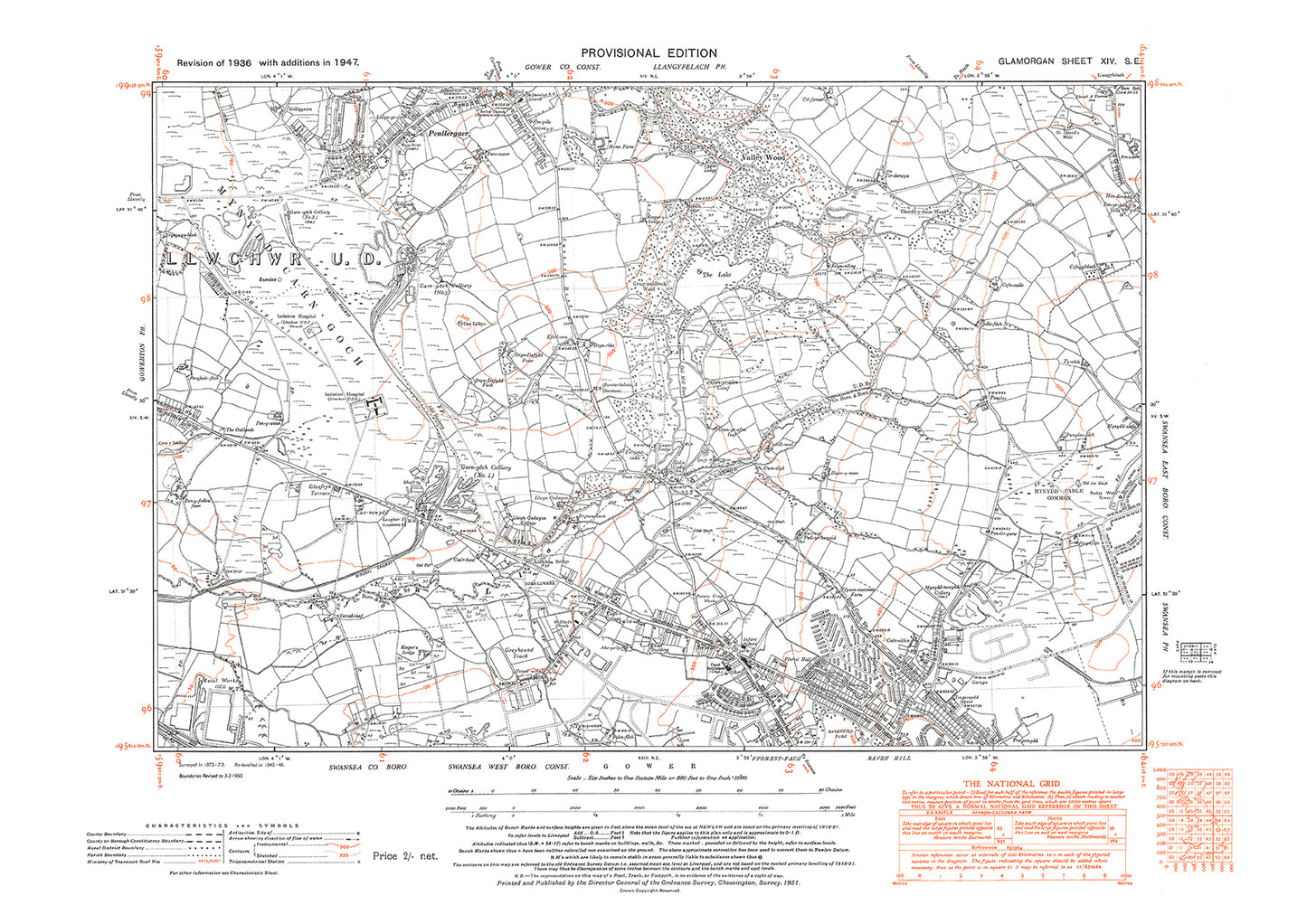 Swansea north west Raven Hill, old map Glamorgan 1947: 14SE