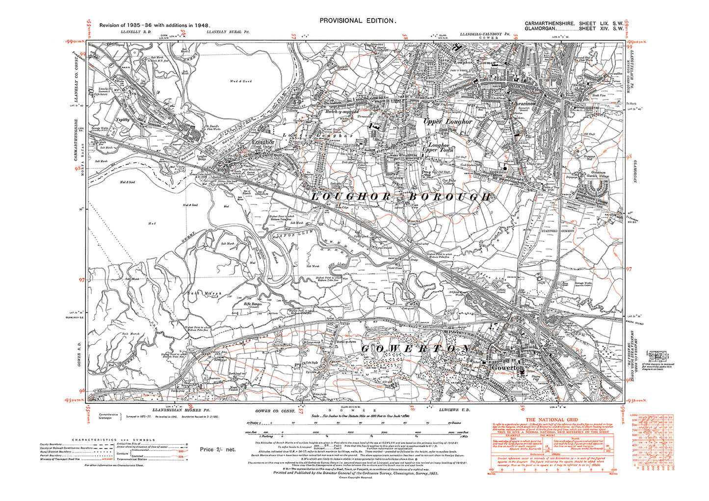 Loughor, Gowerton, old map Glamorgan 1948: 14SW