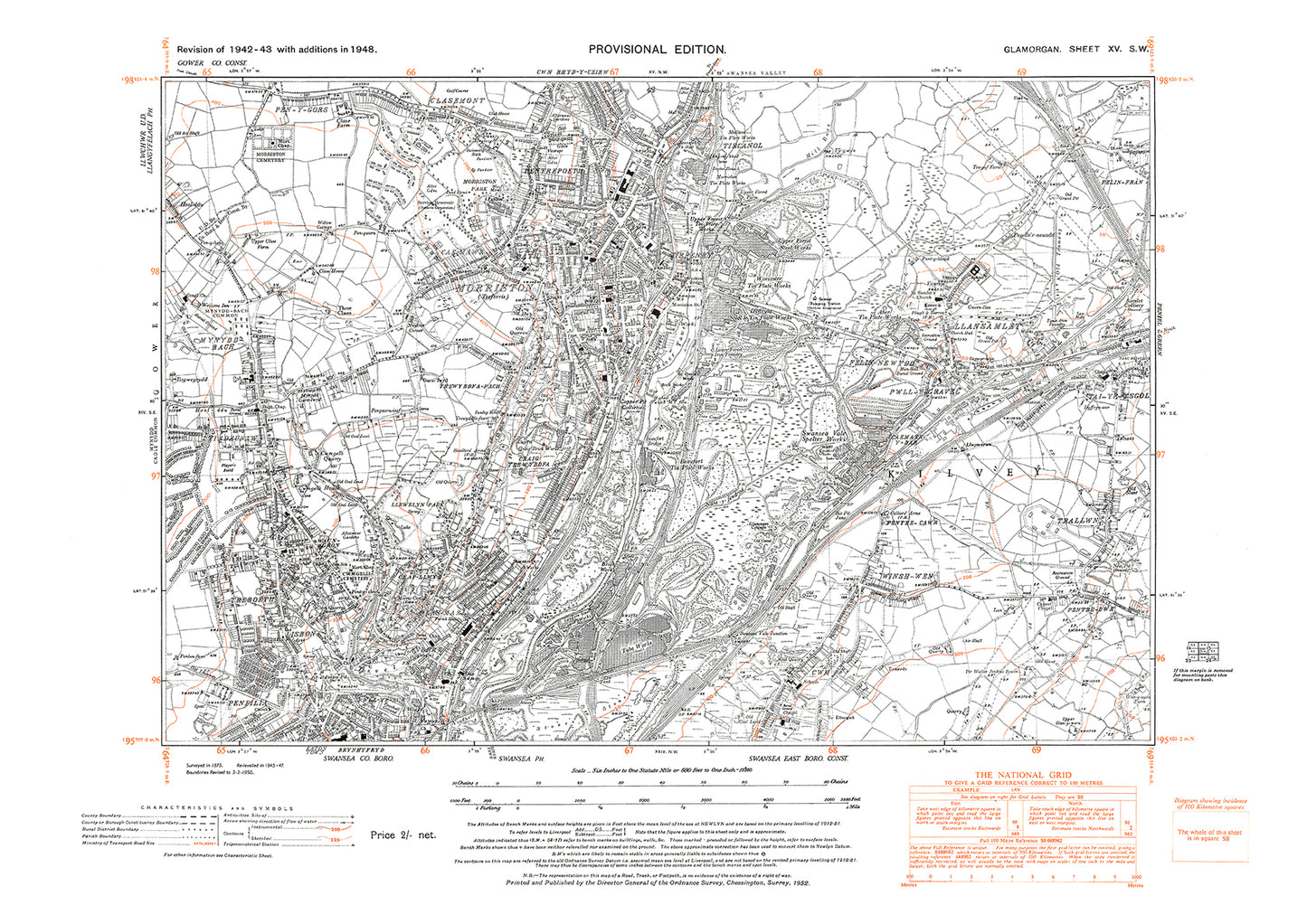 Swansea north, old map Glamorgan 1948: 15SW