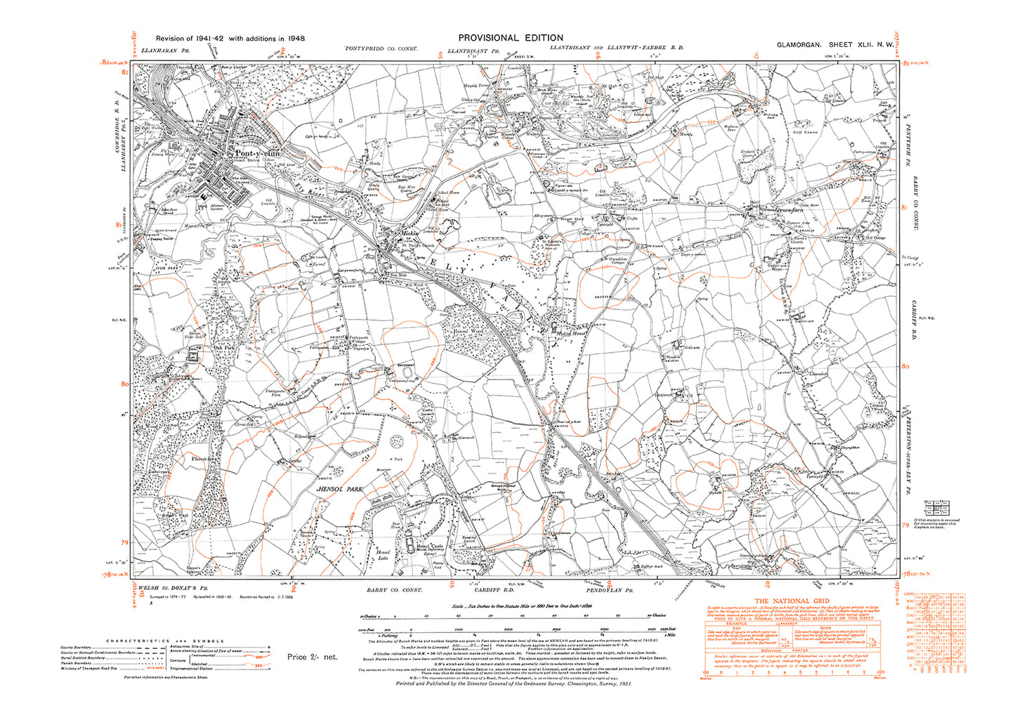 Pontyclun, Miskin, Gros-faen, old map Glamorgan 1948: 42NW