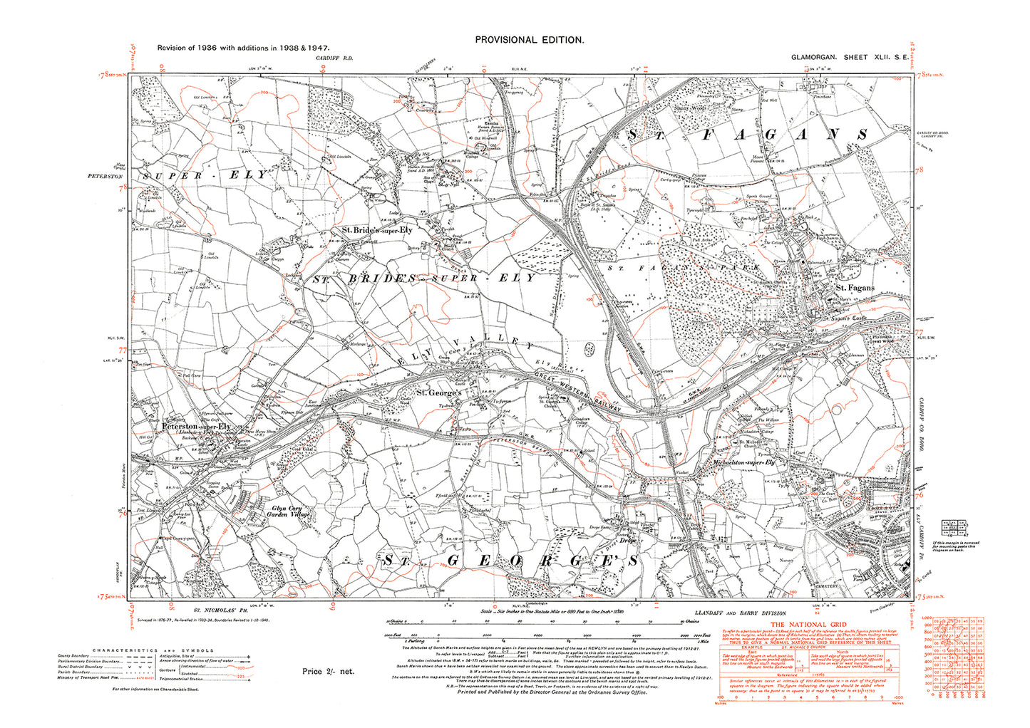 St George's, St Fagans, St Bride's, Peterston, old map Glamorgan 1947: 42SE