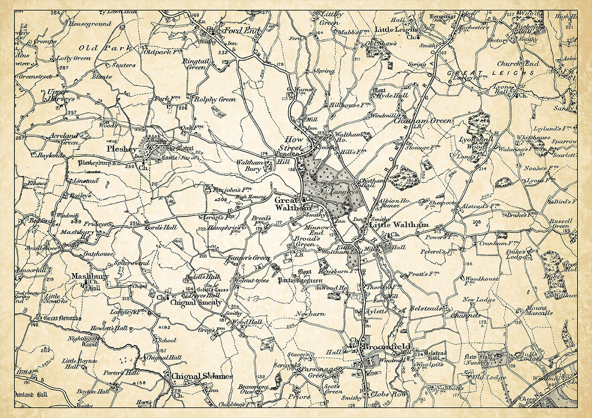 Great and Little Waltham in 1898, showing the town and the surrounding area