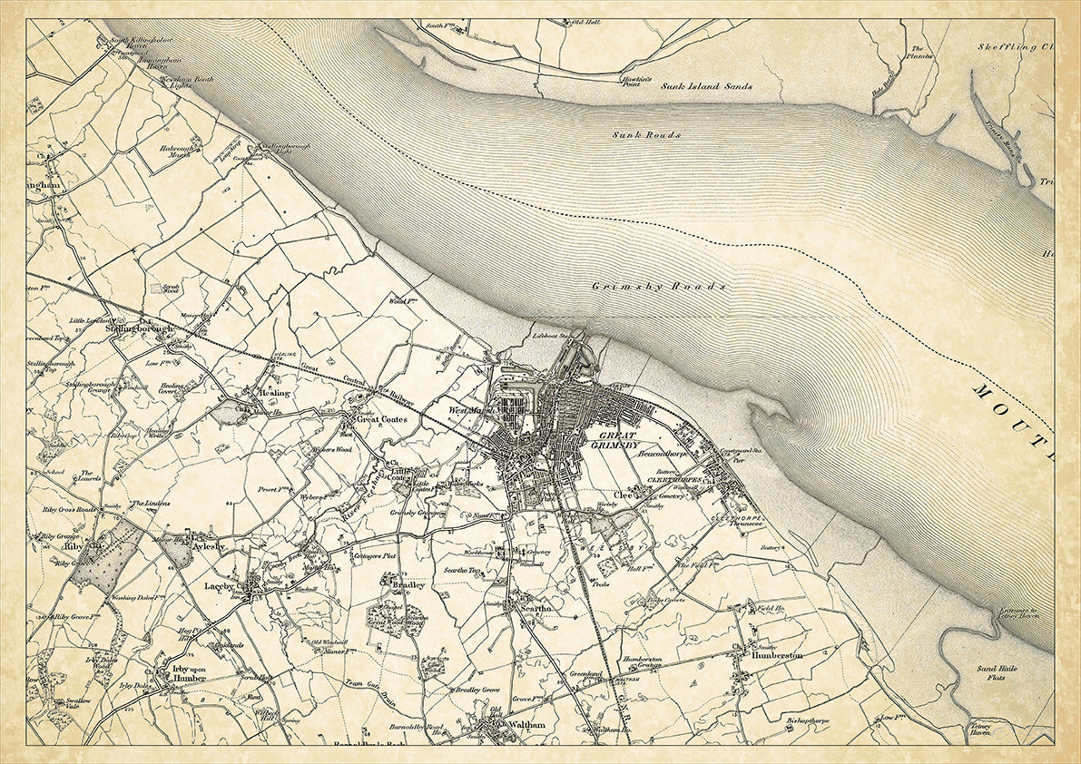 Grimsby in 1898, showing the town and the surrounding area