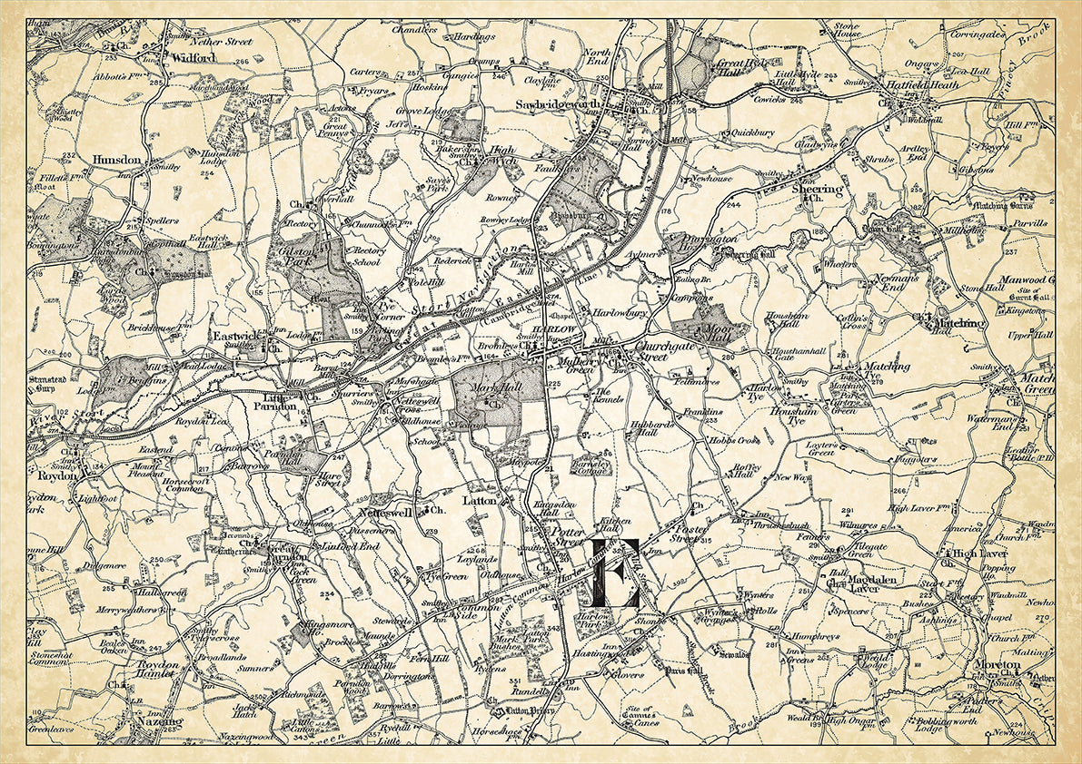 Harlow in 1898, showing the town and the surrounding area