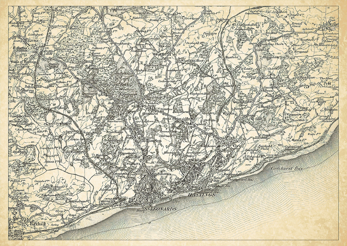 Hastings in 1898, showing the town and the surrounding area