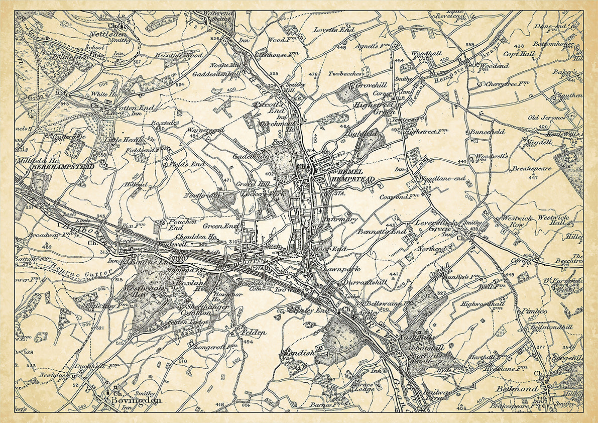 Hemel Hempstead in 1898, showing the town and the surrounding area