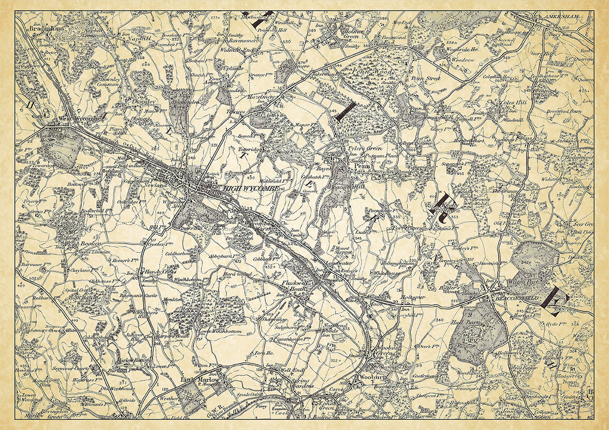 High Wycombe in 1898, showing the town and the surrounding area