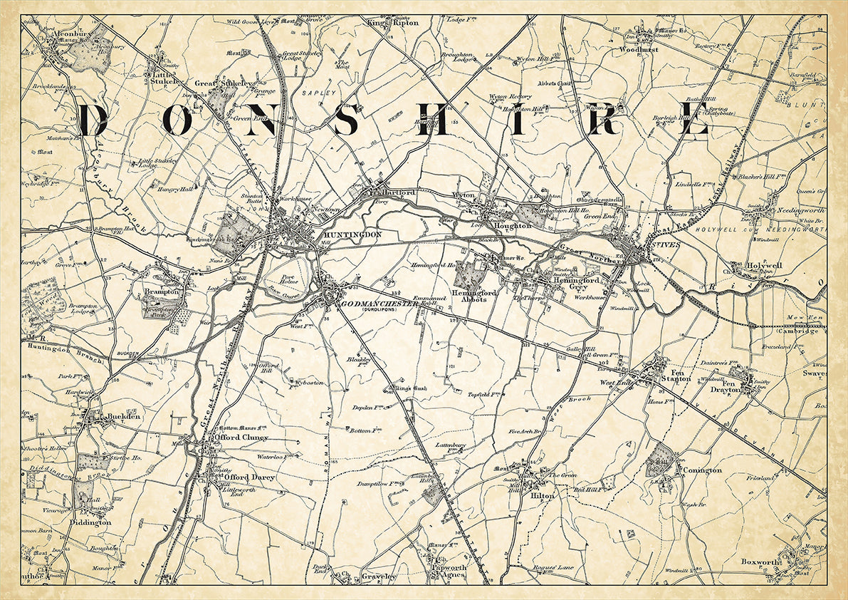 Huntingdon and St Ives in 1898, showing the town and the surrounding area