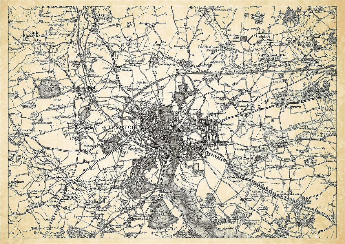 Ipswich in 1898, showing the town and the surrounding area