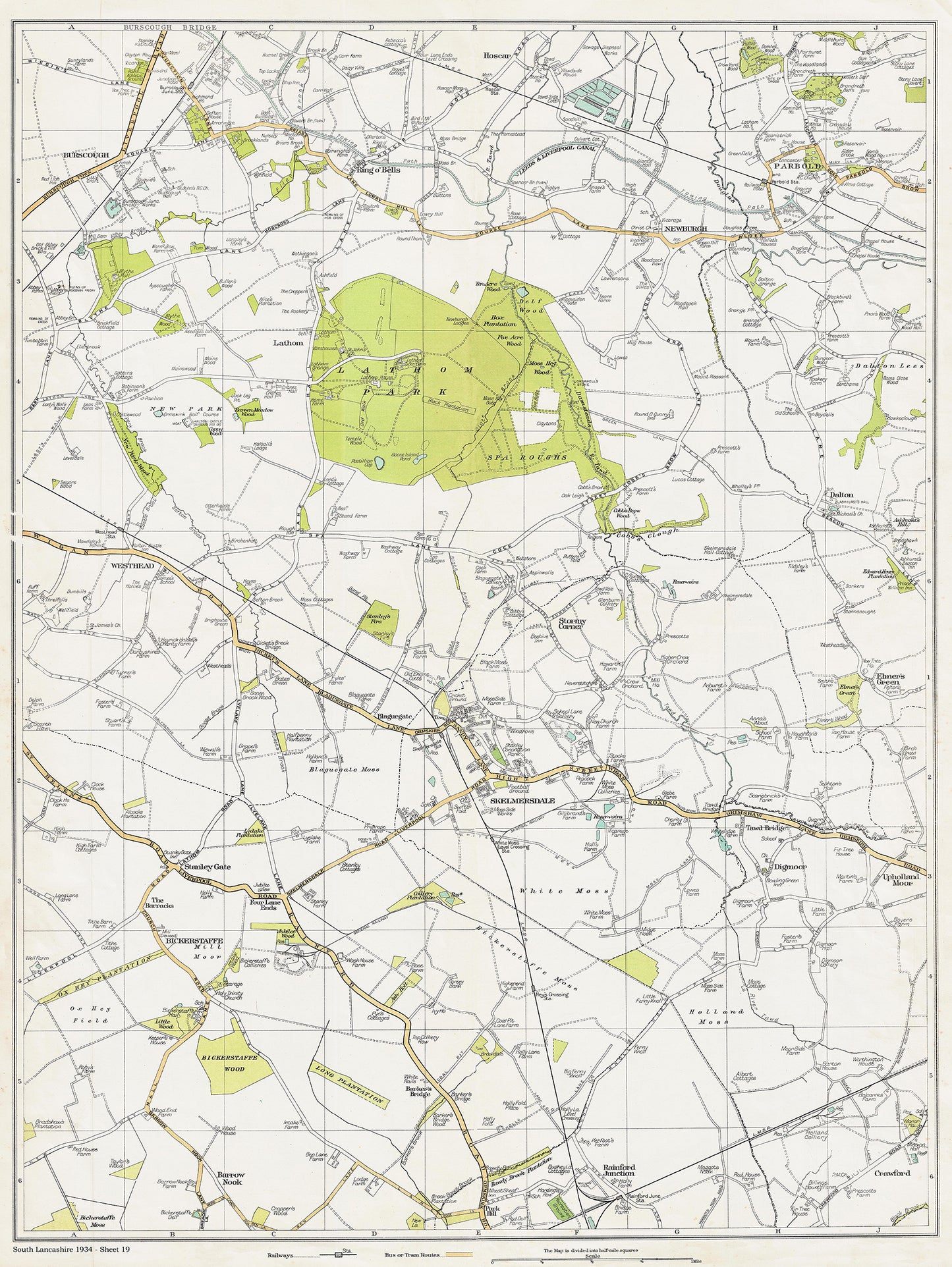 Lancashire (south) 1934 Series - Birscough, Newburgh, Parbold, Lathom Park, Westhead, Skelmersdale, Bickerstaff, Rainford Junction area - sheet 19