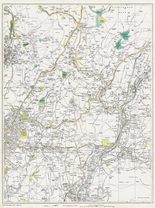 Lancashire (south) 1934 Series - Oldham (E), Shaw (E), Delph, Dob Cross, Uppermill, Diggle, Watersheddings, Lees, Greenfield, Mossley (N) area - sheet 26