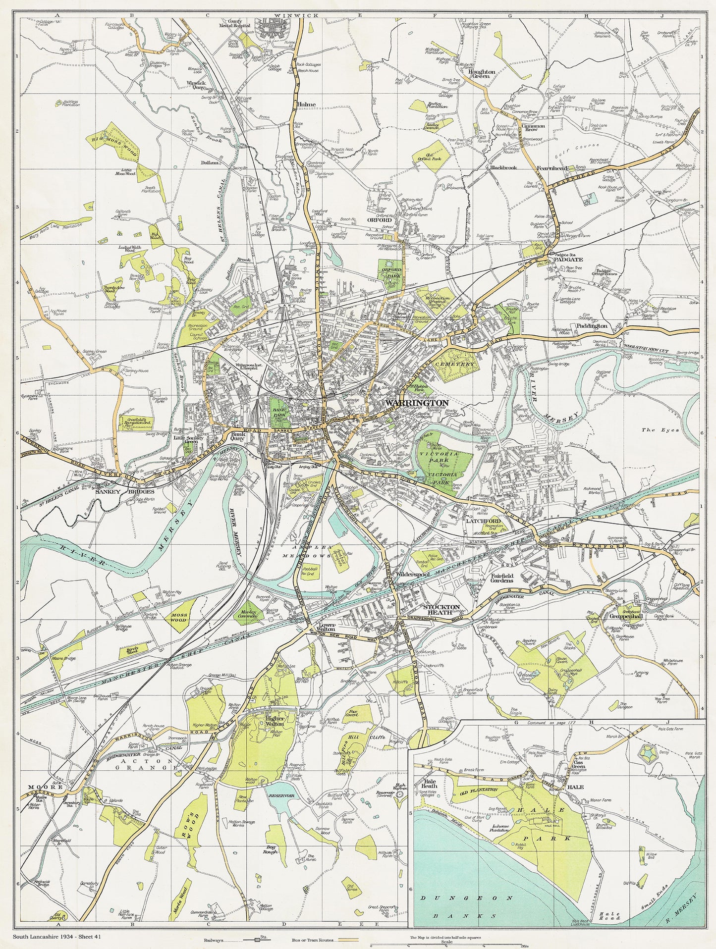Lancashire (south) 1934 Series - Warrington, Winwick (south), Orford, Padgate, Sankey Bridges, Stockton Heath area plus insert of Hale & Hale Park- sheet 41