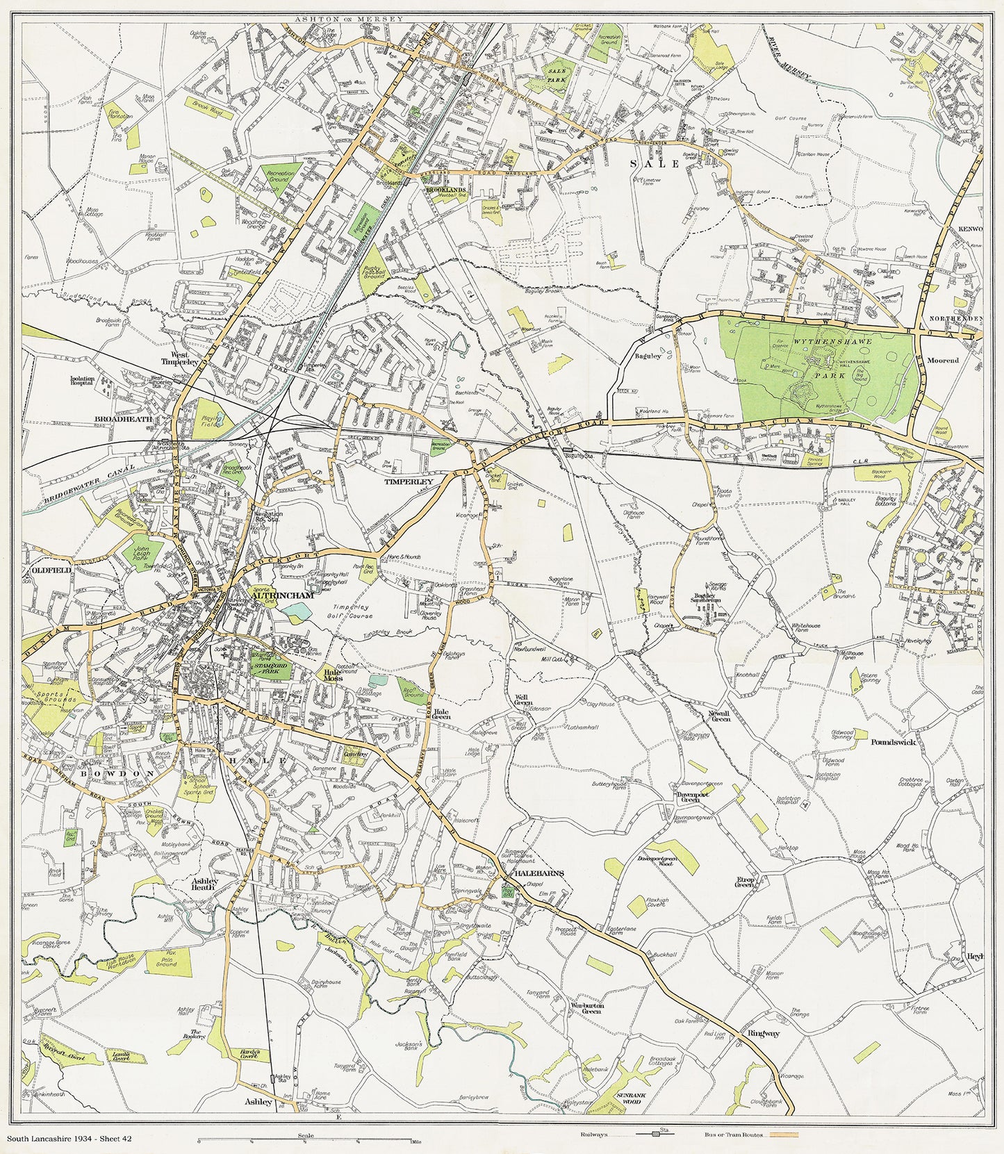 Lancashire (south) 1934 Series - Altrincham, Ashton-on-Mersey (south), Sale, Bowdon, Hale, Halebarns area - sheet 42