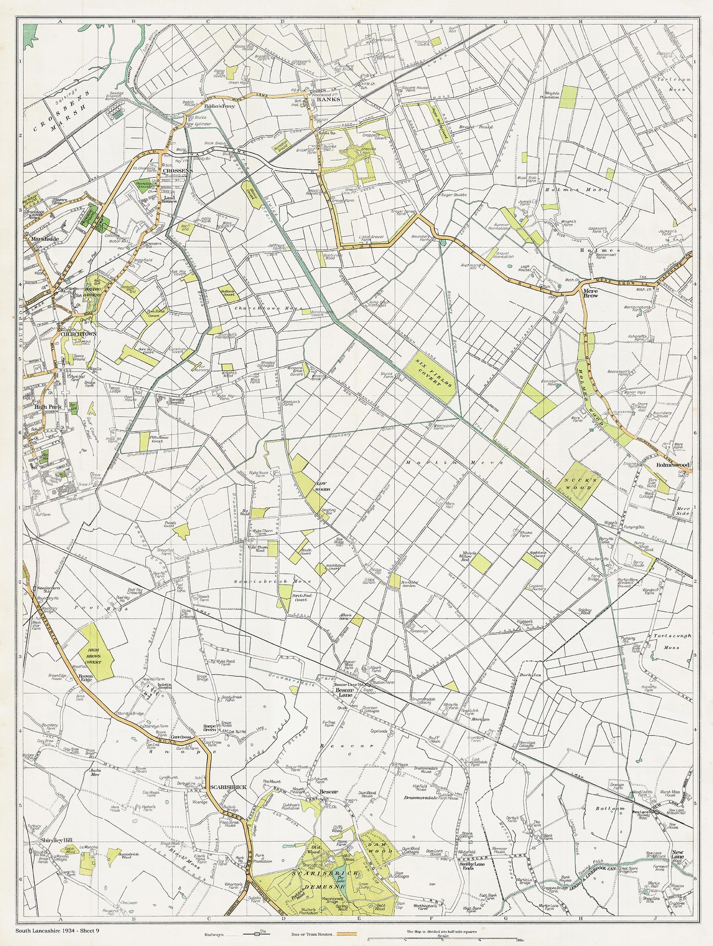 Lancashire (south) 1934 Series - Southport (east), Churchtown, Banks, Scarisbrick, Bescar Lane, Mere Brow area - sheet 9