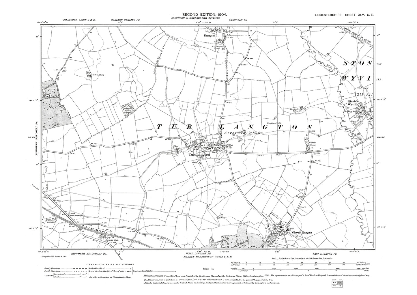 Tur Langton, Stonton Wyville, Church Langton, Shangton - Leicestershire in 1904 : 45NE