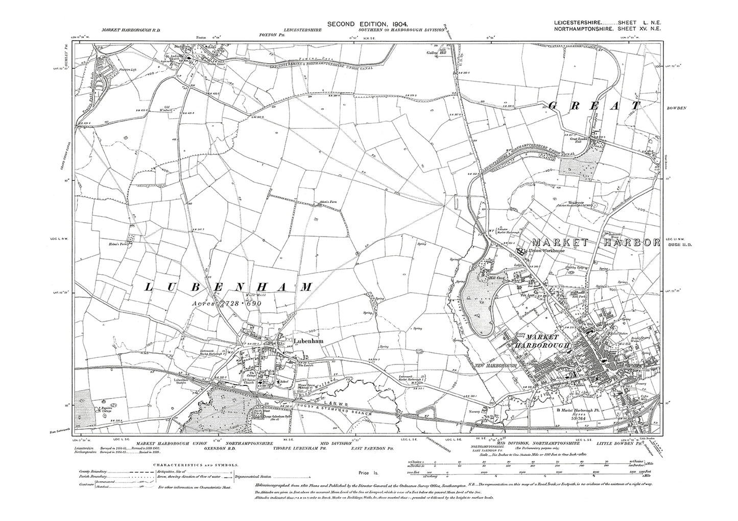 Market Harborough, Lubenham, Foxton (south) - Leicestershire in 1904 : 50NE