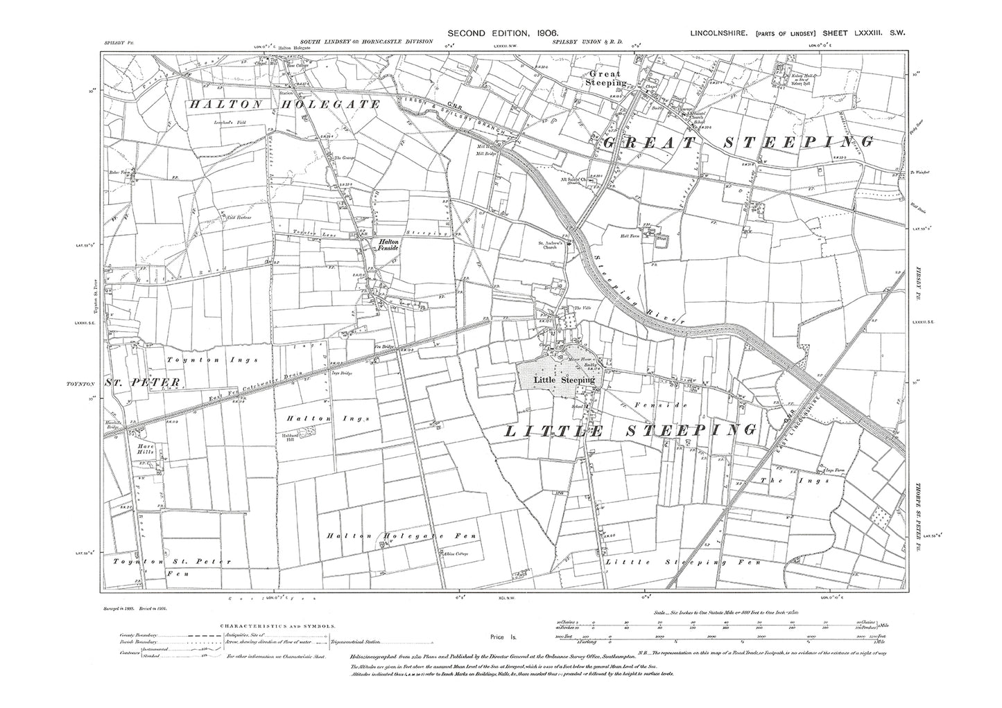 Great and Little Steeping, Halton Holegate (south), Toynton St Peter (south), Lincolnshire in 1906 : 83SW