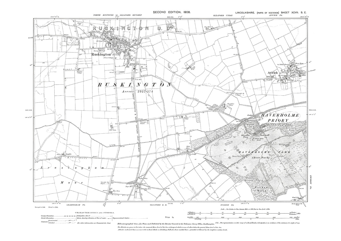 Ruskington, Anwick, Haverholme Priory, Lincolnshire in 1906 : 97SE