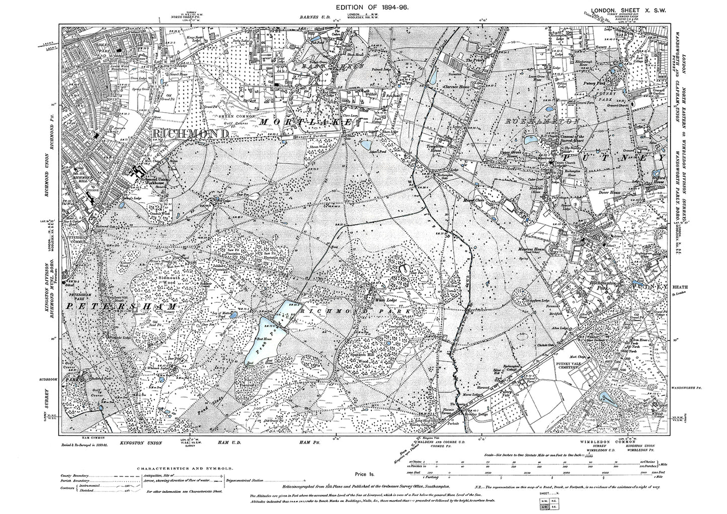 Richmond, East Sheen, Putney (west), Roehampton, old map London 1896, 10SW