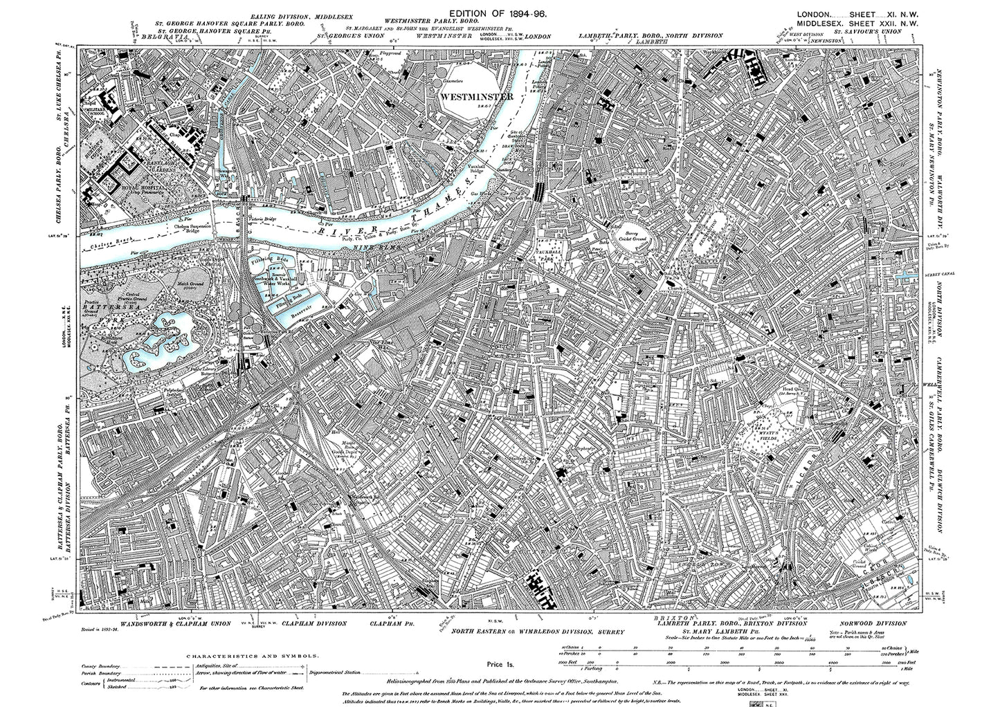 Pimlico, South Lambeth, Kennington, Battersea (east), Walworth (west), old map London 1896, 11NW