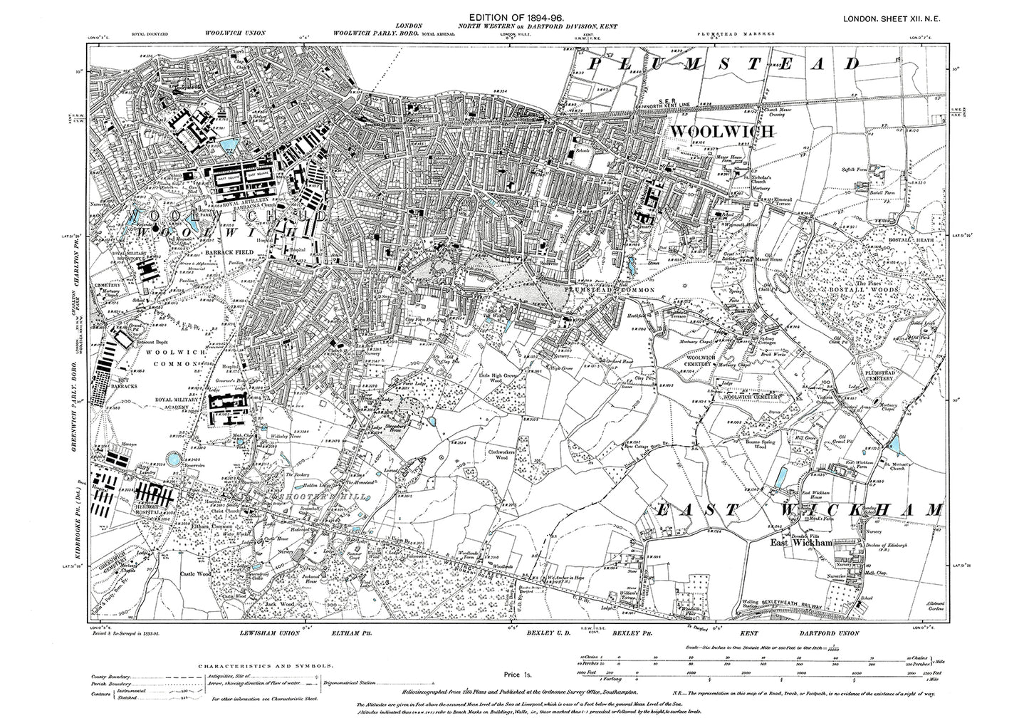 Woolwich, Plumstead, East Wickham, Shooter's Hill, old map London 1896, 12NE