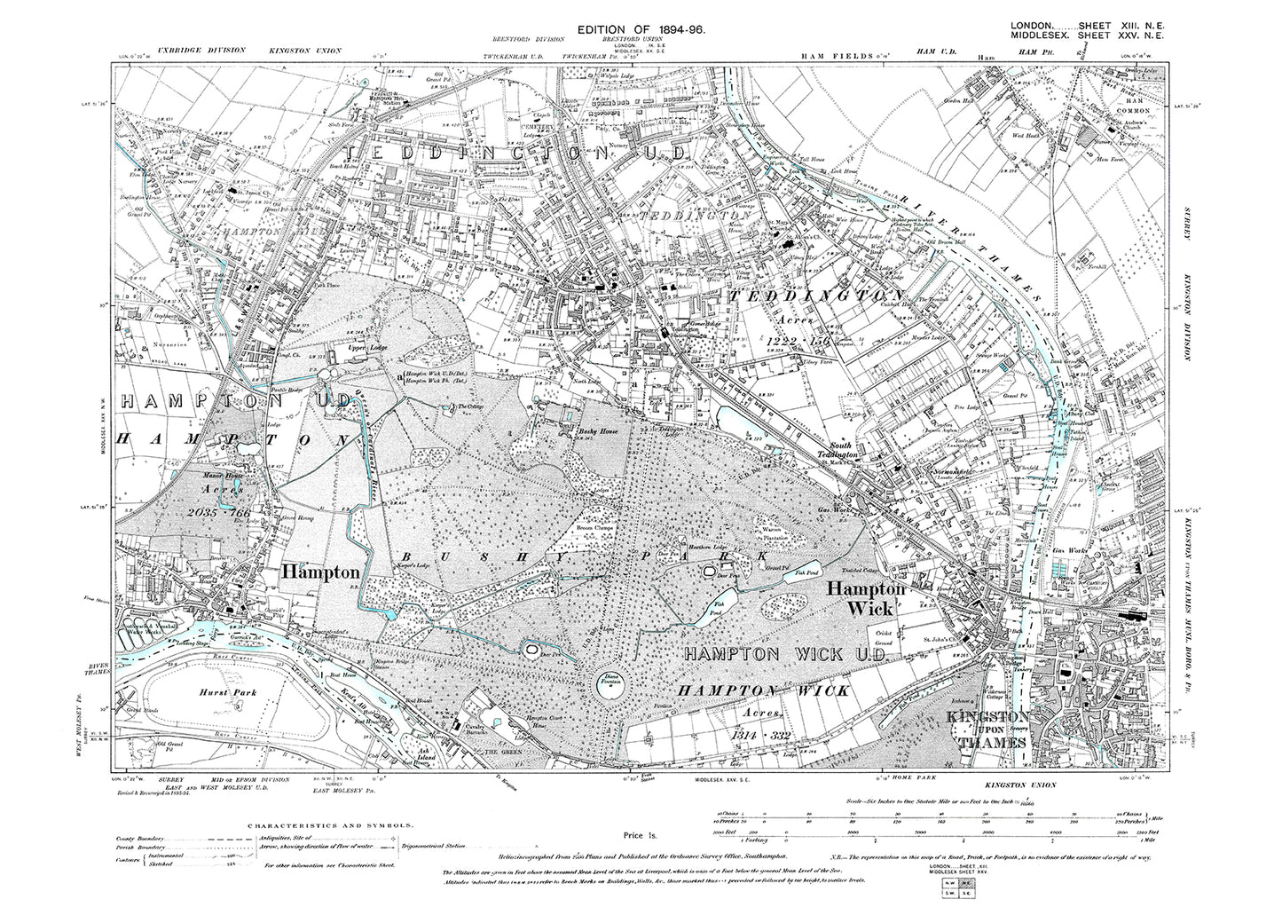 Teddington, Hampton, Kingston, old map London 1896, 13NE