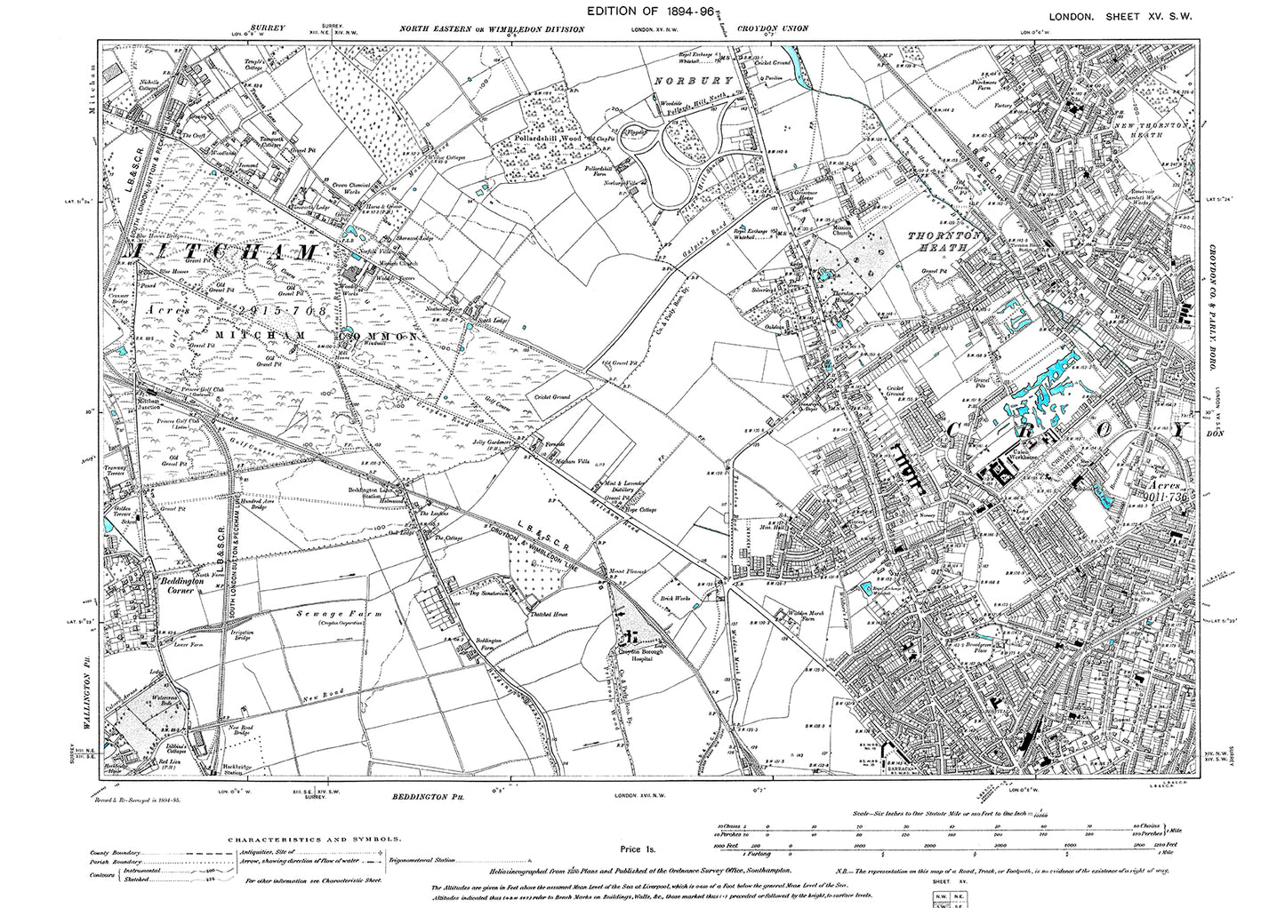Croydon (northwest), Thornton Heath, Norbury, Mitcham Common, old map London 1896, 15SW