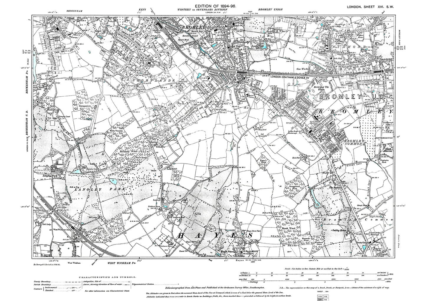 Bromley (south), Widmore, Bromley Common, Langley Park, old map London 1896, 16SW