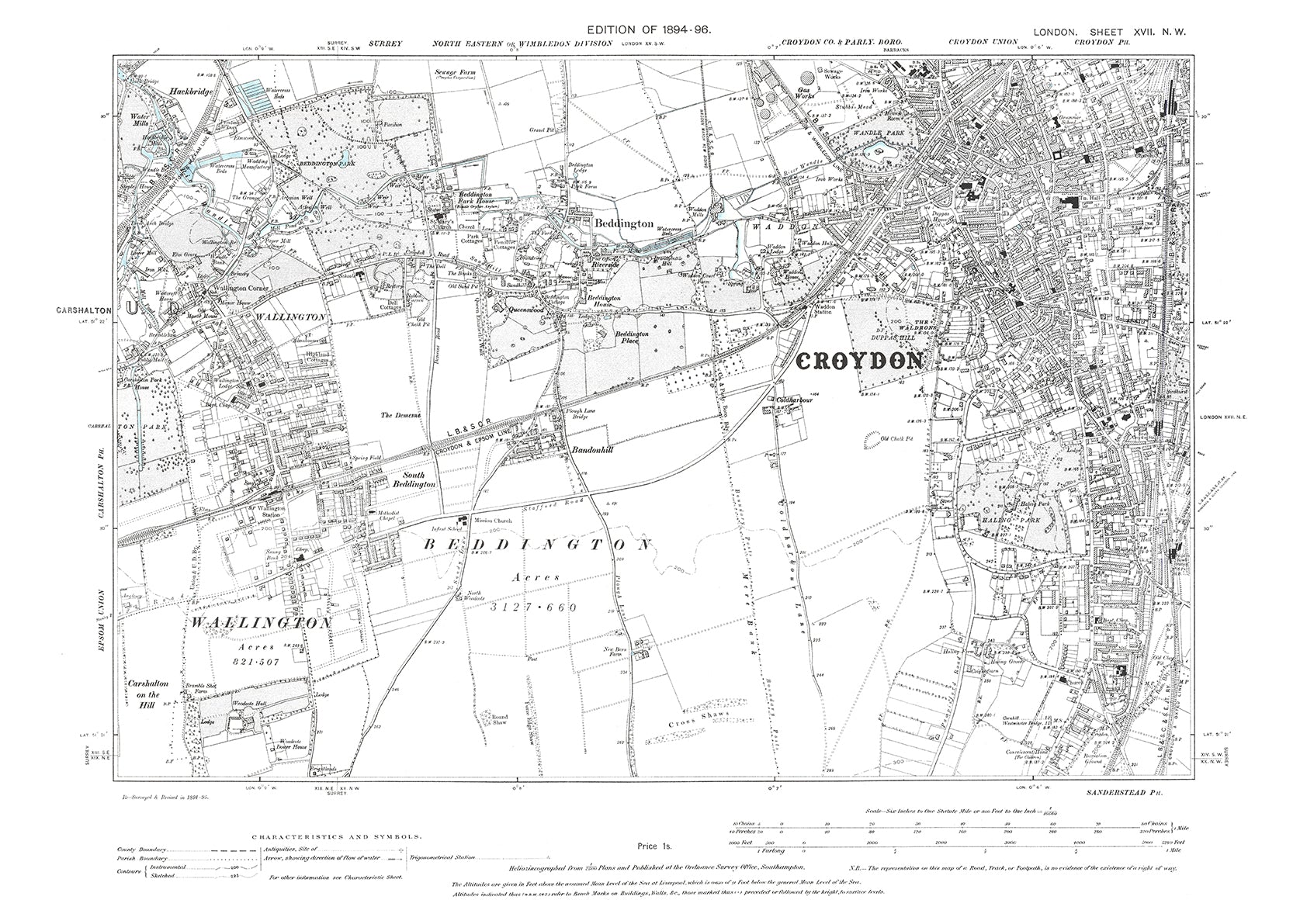 Croydon (southwest), Wallington, Beddington, old map London 1896, 17NW ...