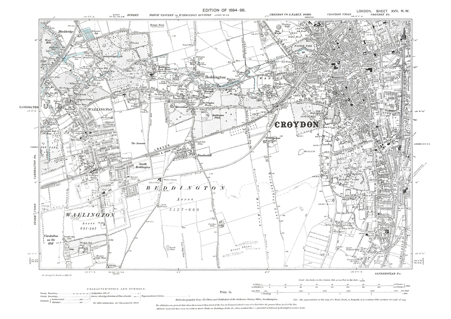 Croydon (southwest), Wallington, Beddington, old map London 1896, 17NW