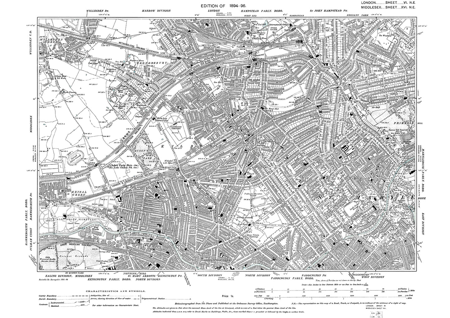 Brondesbury, Kilburn, St John's Wood, Kensal New Town, Kensal Green (east), Westbourne Green (north) old map London 1896, 6NE