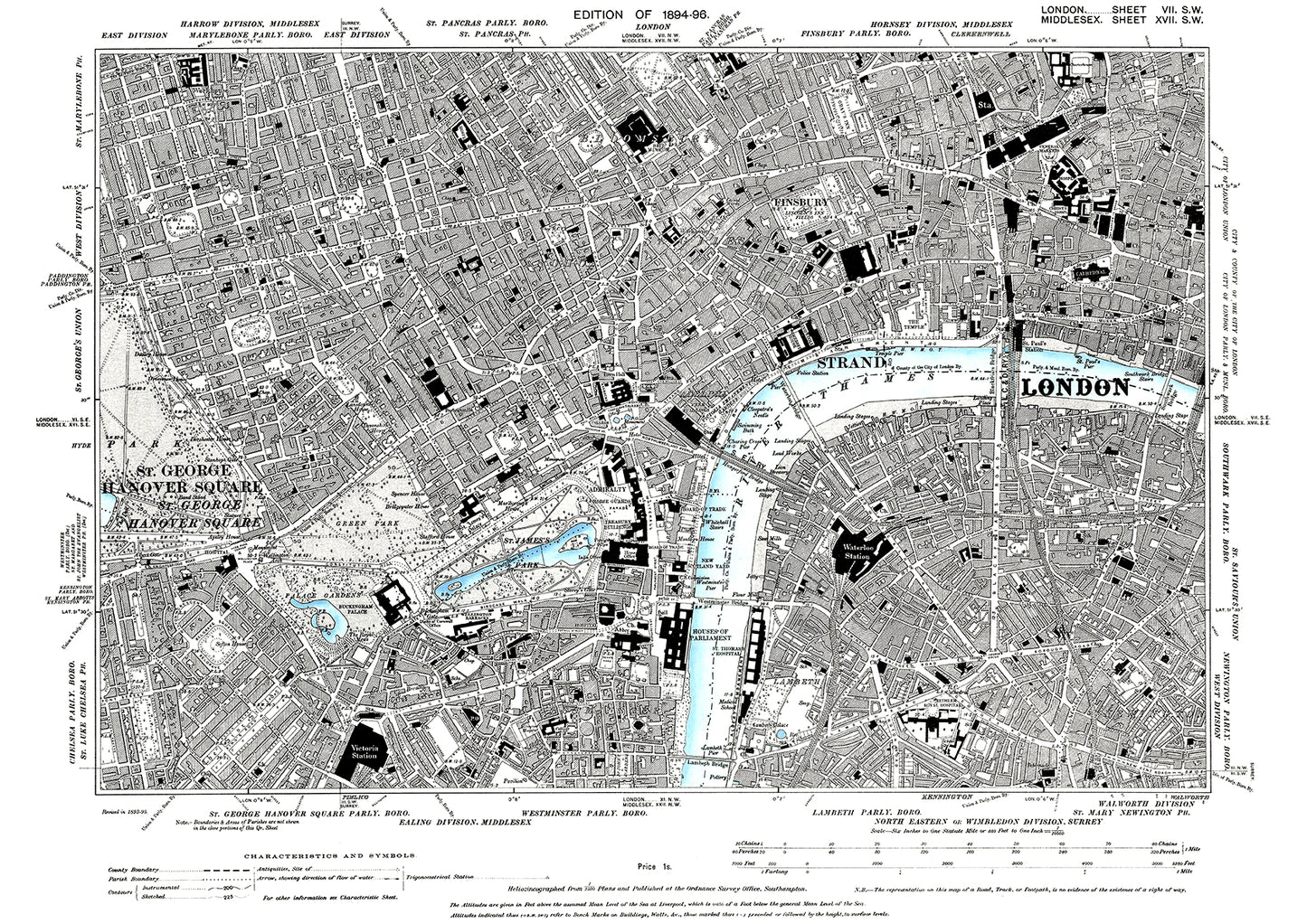 Whitehall, Bloomsbury, Finsbury, Lambeth, old map London 1896, 7SW