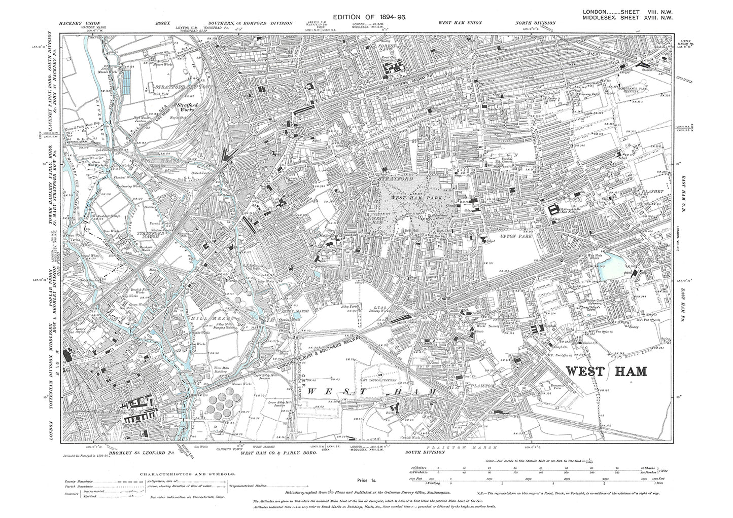 Stratford, West Ham, Plaistow, old map London 1896, 8NW