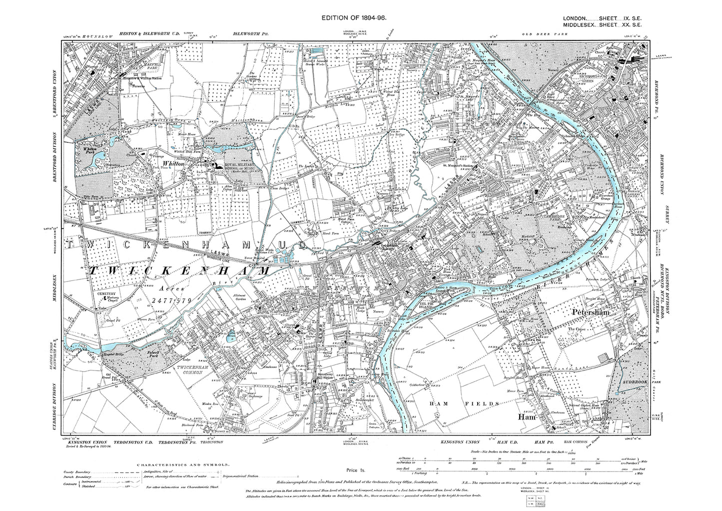 Twickenham, Whitton, Richmond (west), old map London 1896, 9SE