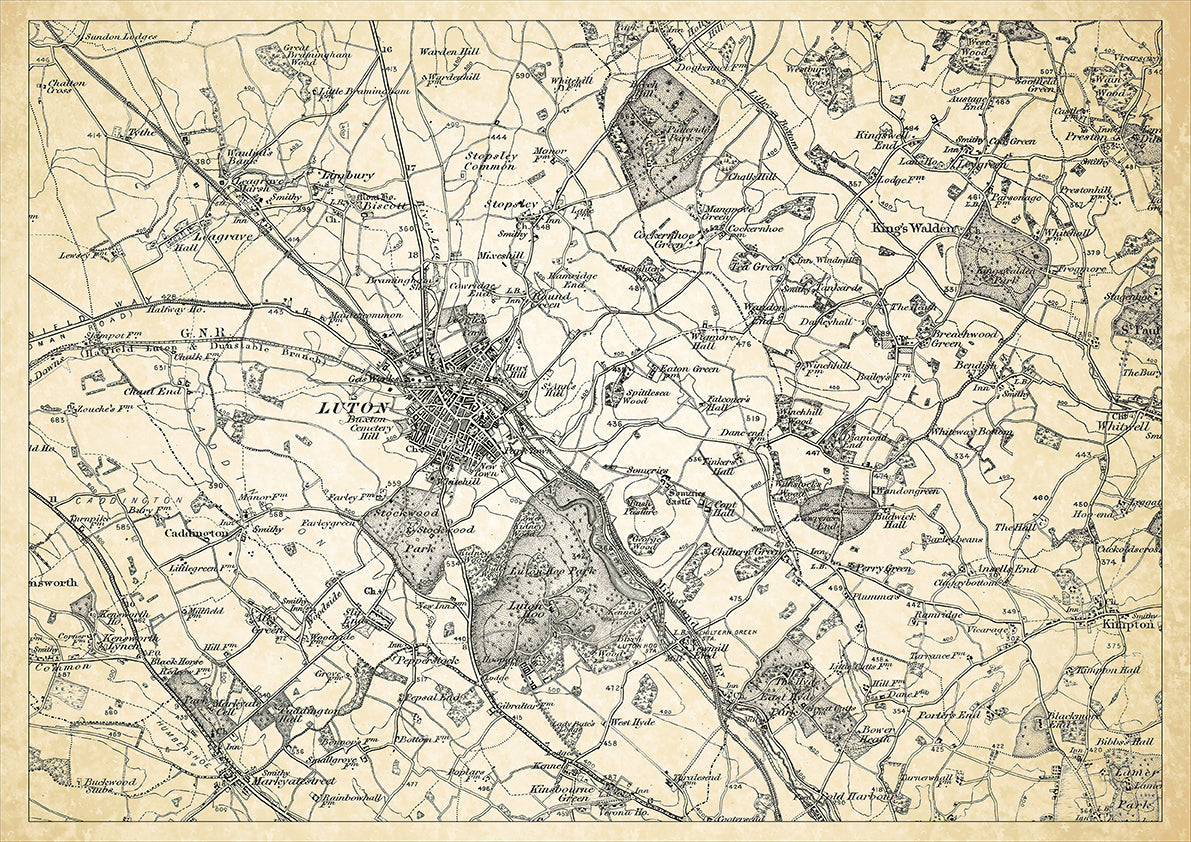 Luton in 1898, showing the town and the surrounding area