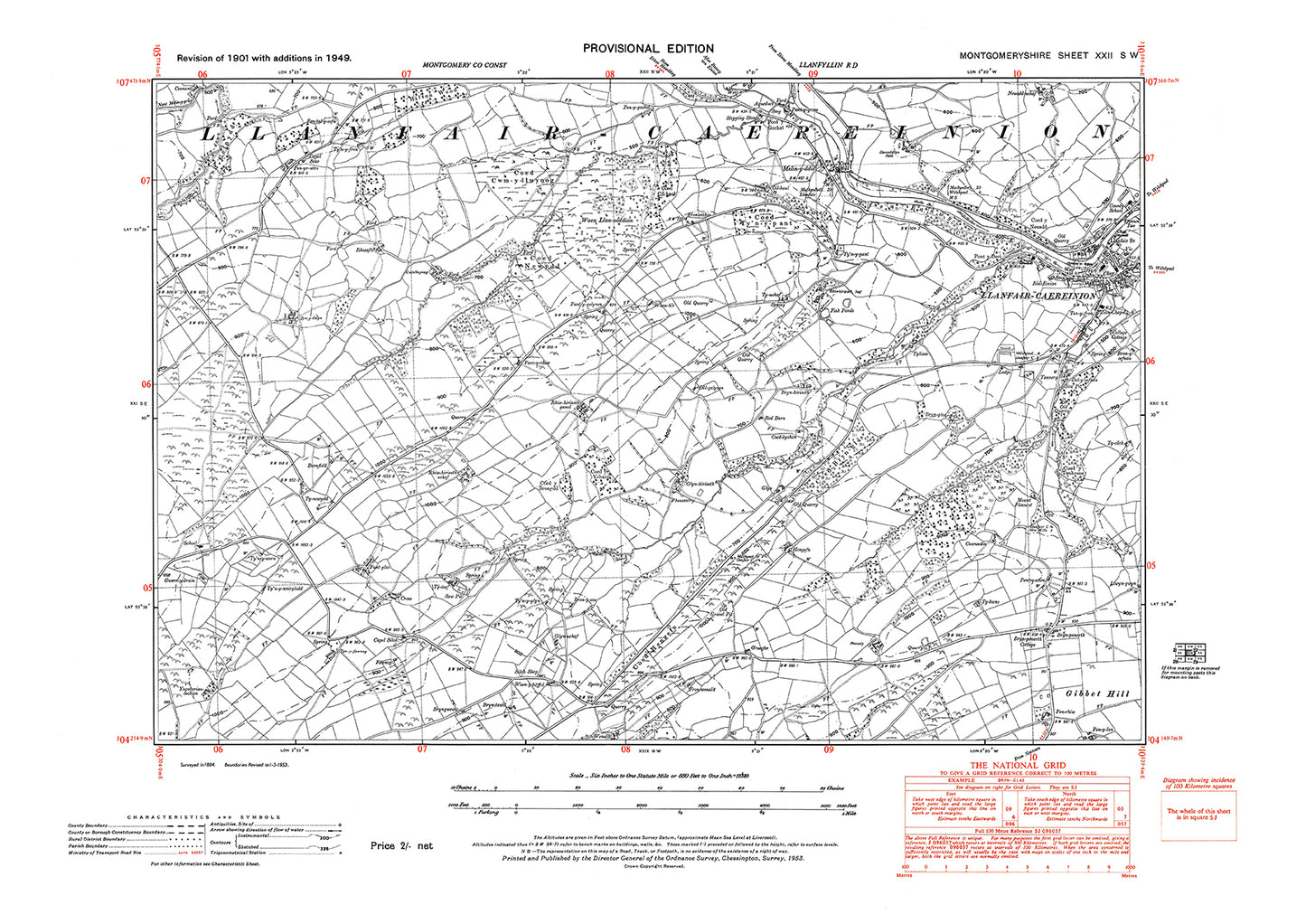 Llanfair-Caereinion, old map Montgomery 1949: 22SW