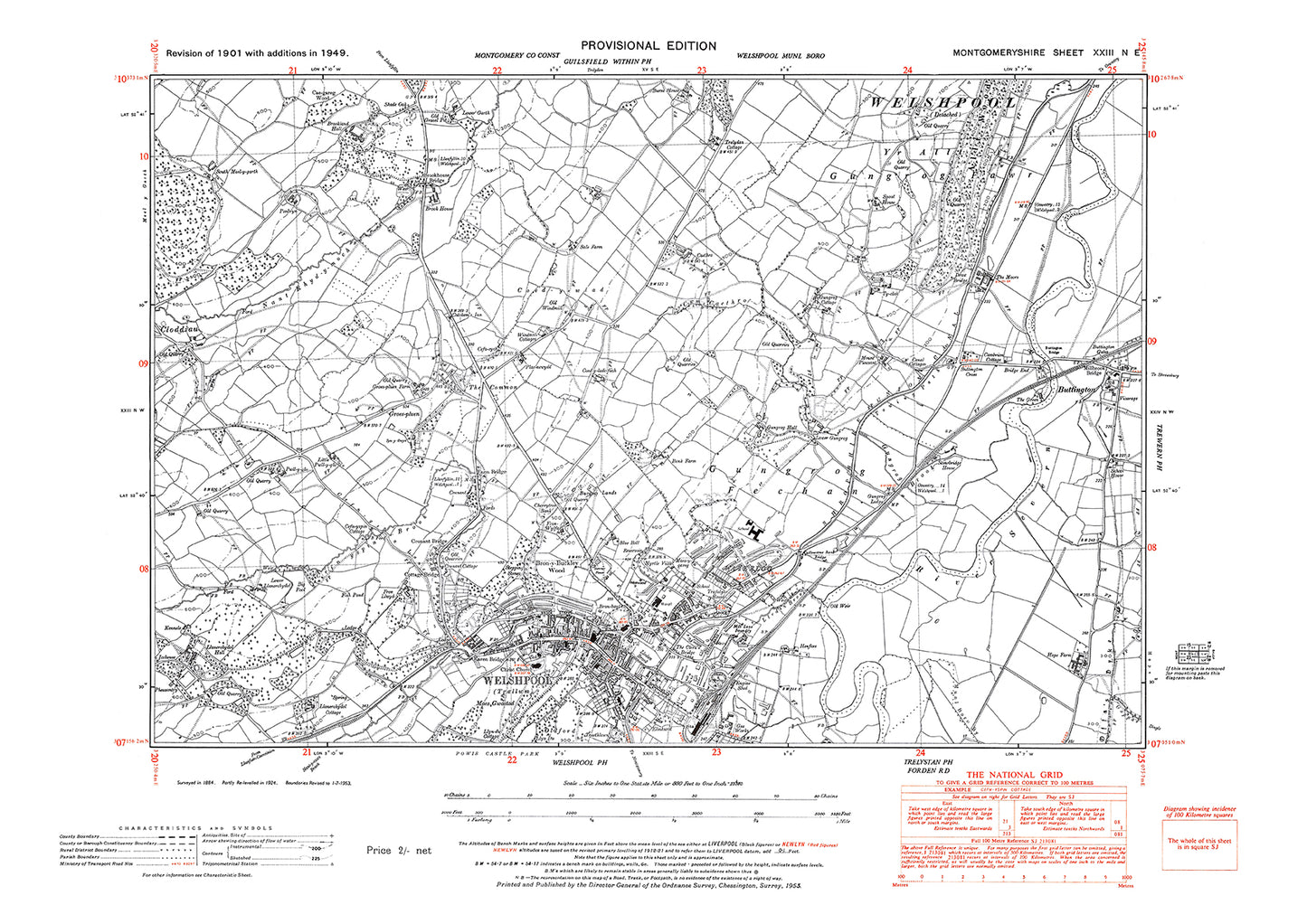 Welshpool, Buttington, old map Montgomery 1949: 23NE