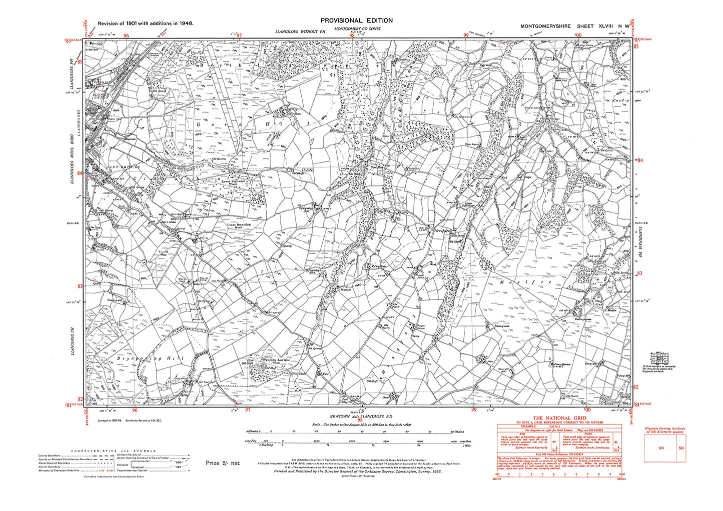 Llanidloes (east), old map Montgomery 1948: 48NW