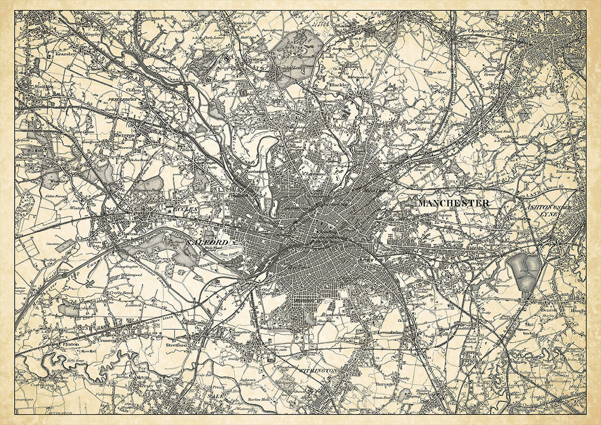 Manchester in 1898, showing the town and the surrounding area