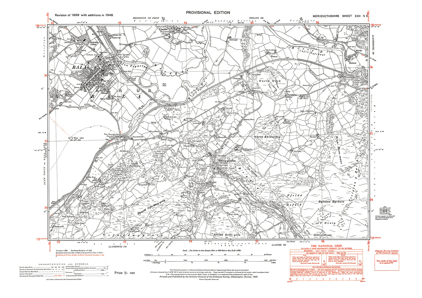 Bala, Rhos-y-gwaliau, old map Merionith 1949: 22NE